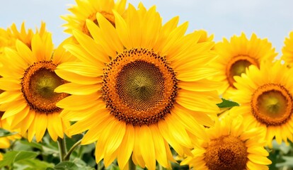 Obraz premium Bright yellow sunflowers in a field, basking in sunlight