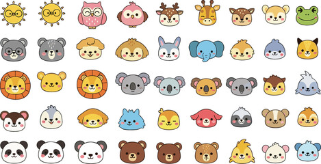 Obraz premium Set of Cute Animal Face Icons Including Bear, Lion, Panda, Elephant, Frog, and Dog in Kawaii Cartoon Vector Style