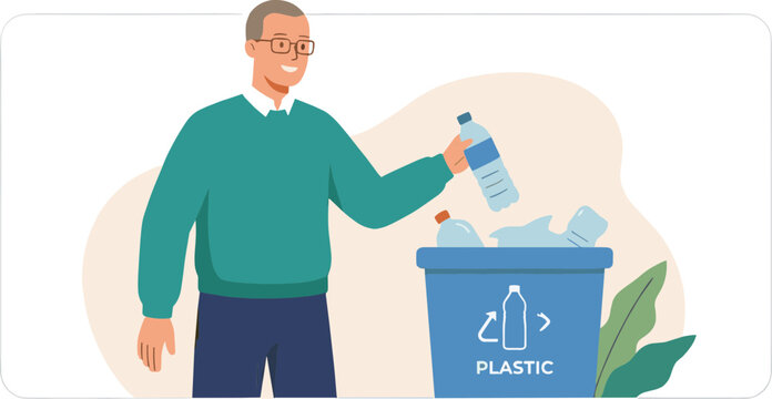 Man throwing plastic bottle into recycling bin outdoors daily