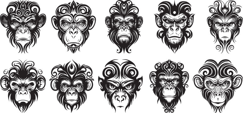 Ten expressive monkey and ape face portraits in tribal black and white line art style for mascot design.