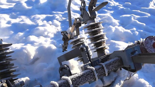 High Voltage Electrical Suspension Insulators Covered in Snow