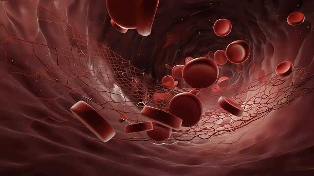 Blood Clot, view inside human blood vessel,
red blood cells flowing like river, tiny fibrin threads slowly forming a net, the net slowly trapping blood cells
