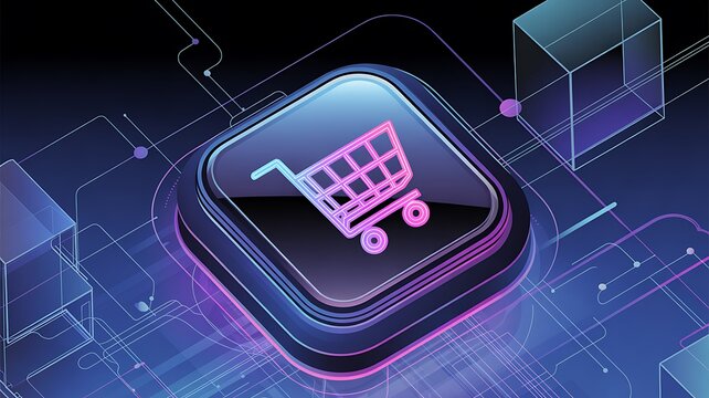Neon shopping cart icon, e-commerce button, digital symbol, futuristic interface