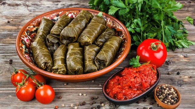 Delicious stuffed grape leaves dolma served with fresh vegetables