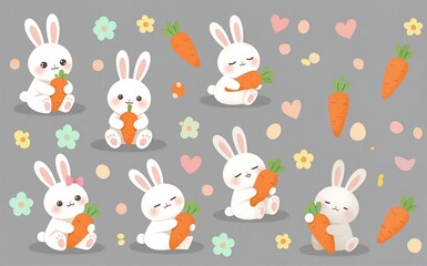 Fototapeta premium Cute white bunnies holding carrots surrounded by flowers and hearts.
