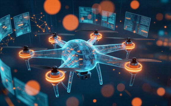Futuristic drone with glowing circuits hovers amid holographic data