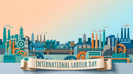 Naklejka premium International Labour Day Paper Art Industrial Landscape with Gears and Workers
