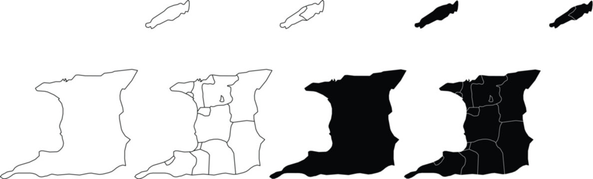 Set of trinidad and tobago map outlines with administrative divisions in black and white