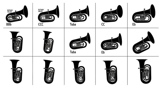 Tuba instrument family illustrations in various keys and positions on white background for music education