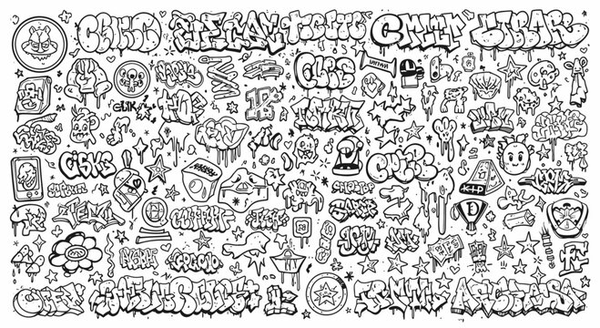 Black and White Graffiti Doodle Art Background with Urban Street Tags, Letters, and Characters in a Hand-Drawn Style