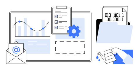 Digital workflow, data analysis, project management, information storage, email communication, cybersecurity. Charts, clipboard folder and email icons. Data analysis and project management concept © robu_s