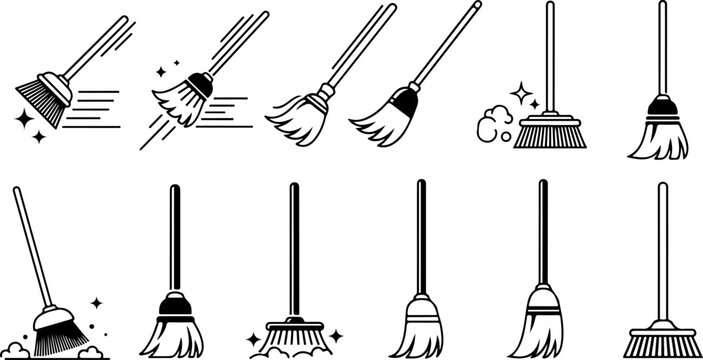 Broom sweep icon set vector illustration. Cleaning tool symbols for web, app, logo and UI design. Household cleaning concept icons eps