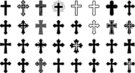 Fototapeta premium Diverse black crosses on gray background - nine unique religious symbols 