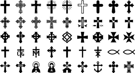 Fototapeta premium Diverse black crosses on gray background - nine unique religious symbols 