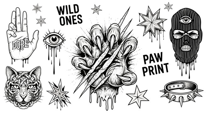 Collection of Black and White Tattoo Flash Illustrations Featuring Wild Animal Claw, Cat Head, Skull, and Symbolic Icons