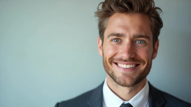 Close-up portrait of his he nice attractive imposing classy cheerful cheery glad guy recruiter showing copy space career development isolated over grey pastel color background fashion editor.