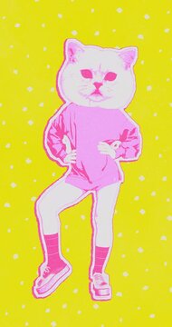 Funny Anthropomorphic Pink Cat Character Dancing in Retro Pop Art Style