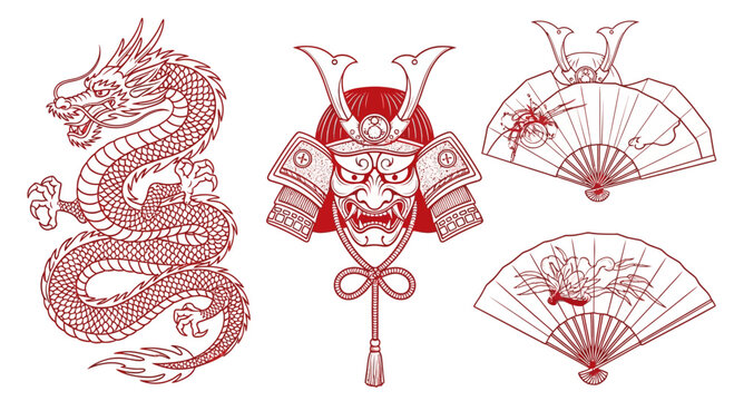Japanese Traditional Culture Set Featuring Red Line Art Illustrations of a Dragon Samurai Helmet and Decorative Folding Fans