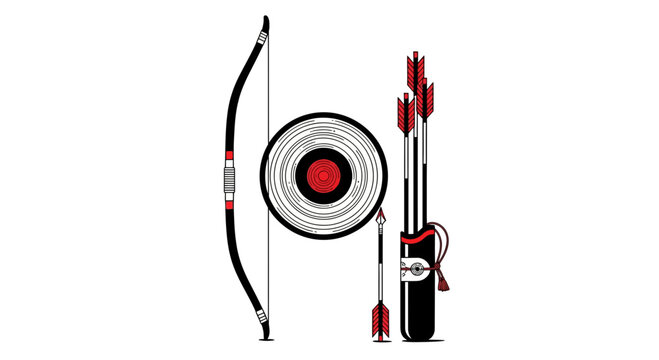 Traditional Archery Equipment Set with Bow Arrows Quiver and Bullseye Target in Minimalist Black and Red Design