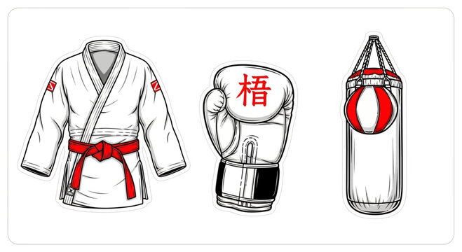 Set of Martial Arts and Boxing Stickers Featuring a White Karate Gi Red Belt Boxing Glove and Punching Bag