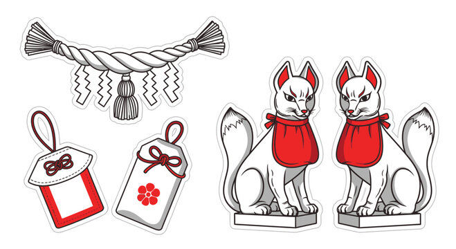Set of Traditional Japanese Shinto Shrine Symbols Including Kitsune Fox Statues, Omamori Lucky Charms, and Shimenawa Sacred Rope