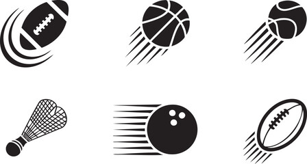 Sports Ball Motion Icon Set with Flying Football Basketball and Bowling Ball Action Silhouettes © rofikgraph24