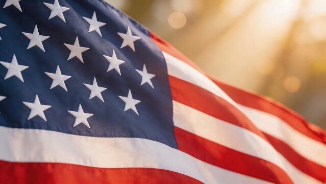 Closeup of waving American flag