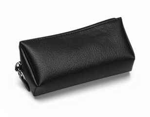 Naklejka premium Black Leather Cosmetic Pouch with Flap and Zipper Minimal Makeup Bag Isolated on White Background Premium Travel Organizer