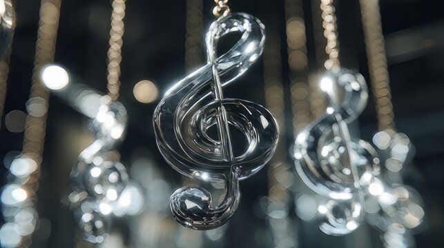Glass music note symbols (treble clefs).  Clear glass treble clef hanging decoration for home decor, gift for music lovers. 