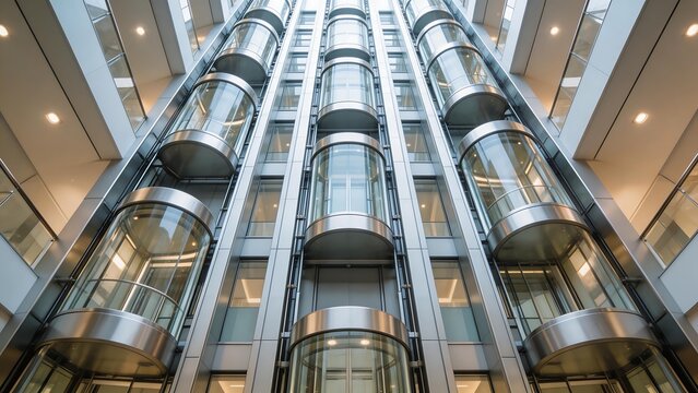 Modern glass elevator shafts in a building
