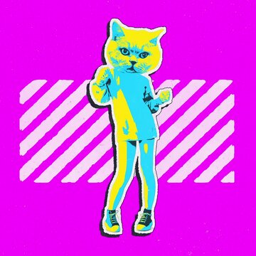 Funny Anthropomorphic Pink Cat Character Dancing in Retro Pop Art Style