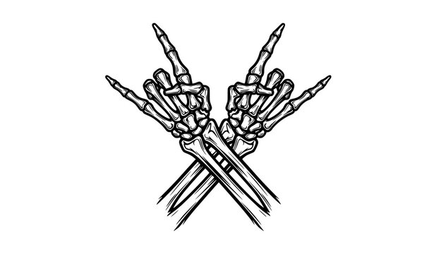 Crossed skeleton hands vector &ndash; rock on horns gesture silhouette illustration
