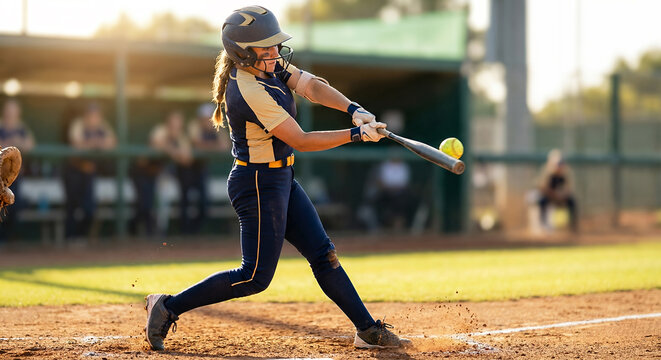 A female softball player in a blue and gold uniform swings at a pitch during a game. 