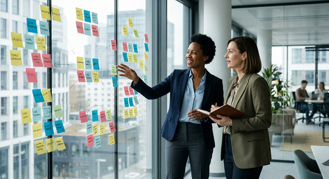 Two businesswomen, one Black and one White, are collaborating on a project in a modern office. 