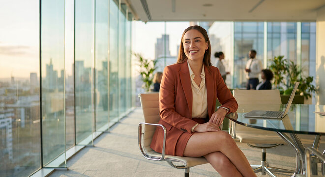 A smiling businesswoman in a rust-colored suit sits at a glass table in a modern office with a city view, while colleagues are blurred in the background.