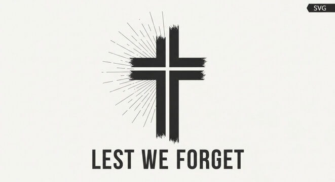 A minimalist vector graphic of a cross with the phrase Lest We Forget