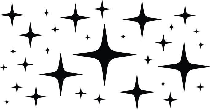 Minimalist black and white star pattern design featuring scattered five and six point stars with dynamic celestial composition