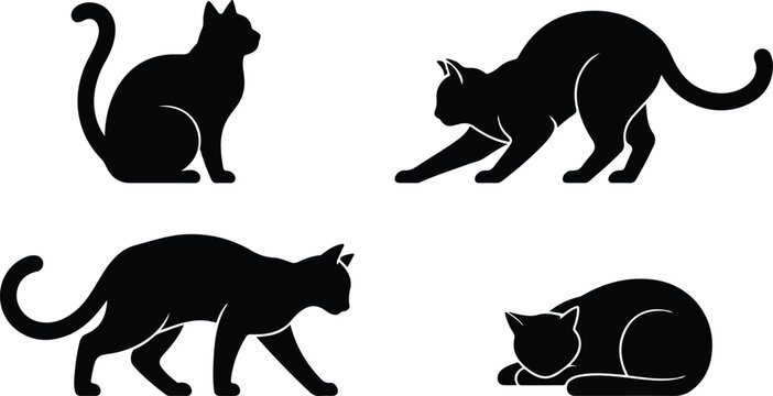 Minimalist black and white illustration set of four cat silhouettes in 2x2 grid showing varied sitting crouching walking resting poses