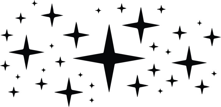 Minimalist black and white star pattern design featuring scattered five and six point stars with dynamic celestial composition