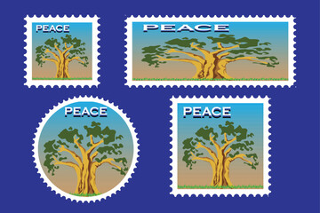 Obraz premium A collection of peace stamps featuring a tree on a blue background