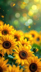 Fototapeta premium A vibrant close-up showcases a field of sunflowers bathed in warm sunlight, with a bokeh effect creating a dreamy and luminous atmosphere.