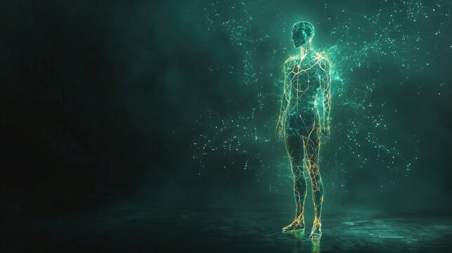 Peripheral Neuropathy Awareness Week:A lone figure standing in a dark room, body partially transparent revealing intricate glowing neural network pathways along legs and feet in teal and gold colors