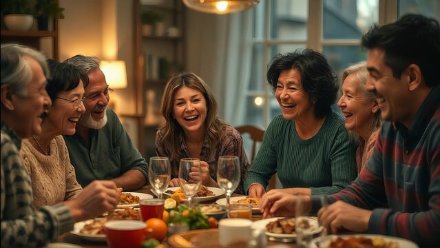 A heartwarming scene of a happy multi-generational family laughing and sharing a delicious meal together at a cozy dining table filled with various dishes