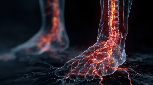 Medical illustration showing pain signal transmission from damaged nerve endings in the foot traveling up through the spinal cord to the brain, glowing electric red and orange signal pathway
