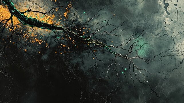 Peripheral Neuropathy Awareness Week:scientific illustration of a peripheral nerve axon slowly regenerating and growing new connections, fine filament tips reaching forward like budding plant shoots