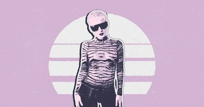 Stylish Woman in Sunglasses and Animal Print Turtleneck Retro Synthwave Aesthetic