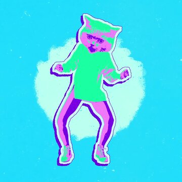 Funny Anthropomorphic Pink Cat Character Dancing in Retro Pop Art Style