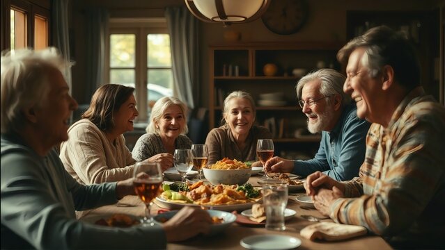 A heartwarming scene of a happy multi-generational family laughing and sharing a delicious meal together at a cozy dining table filled with various dishes