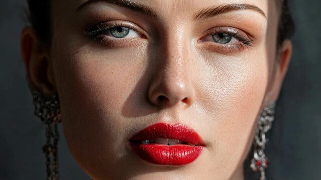Close up portrait of elegant woman with red lipstick capturing beauty fashion style and confident expression in soft cinematic lighting with refined aesthetic detail
