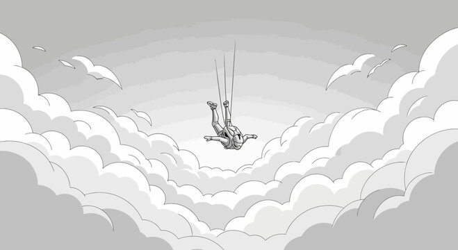 A Solo Skydiver Descends Through Puffy Clouds Surrounded by Flying Birds